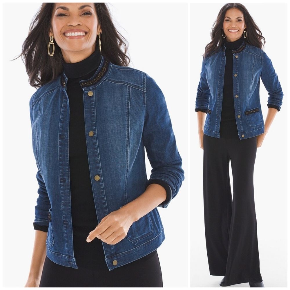 Chico's Embellished Metallic Trim Mediterranean Rinse Wash Dark Denim Jacket